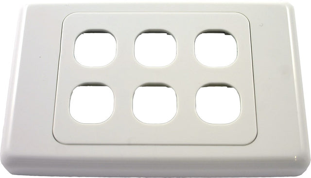 A white 6 gang wall plate from the 2000 Series with multiple outlets or data ports.
