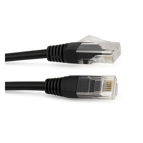 200mm Cat6 Thin 28 AWG LSZH Black Patch Lead with RJ45 connectors, supporting up to 1 Gbps and PoE.