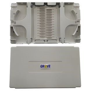 Grove 24 fibre splice tray with protective cover for secure fibre splicing and organised cable management.