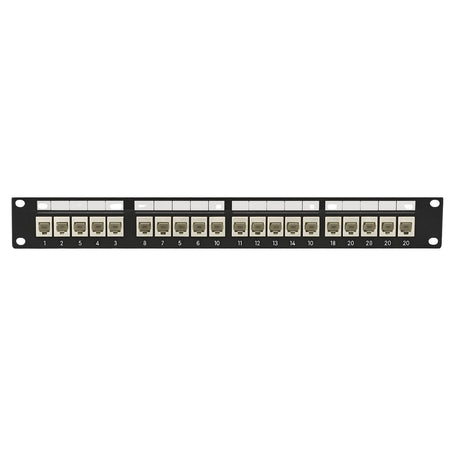 Patch panel with multiple ports on a white background