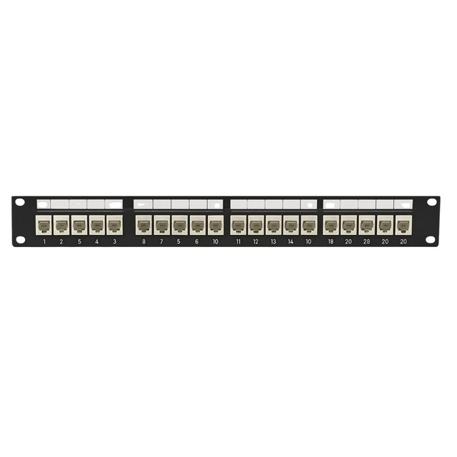 Patch panel with multiple ports on a white background