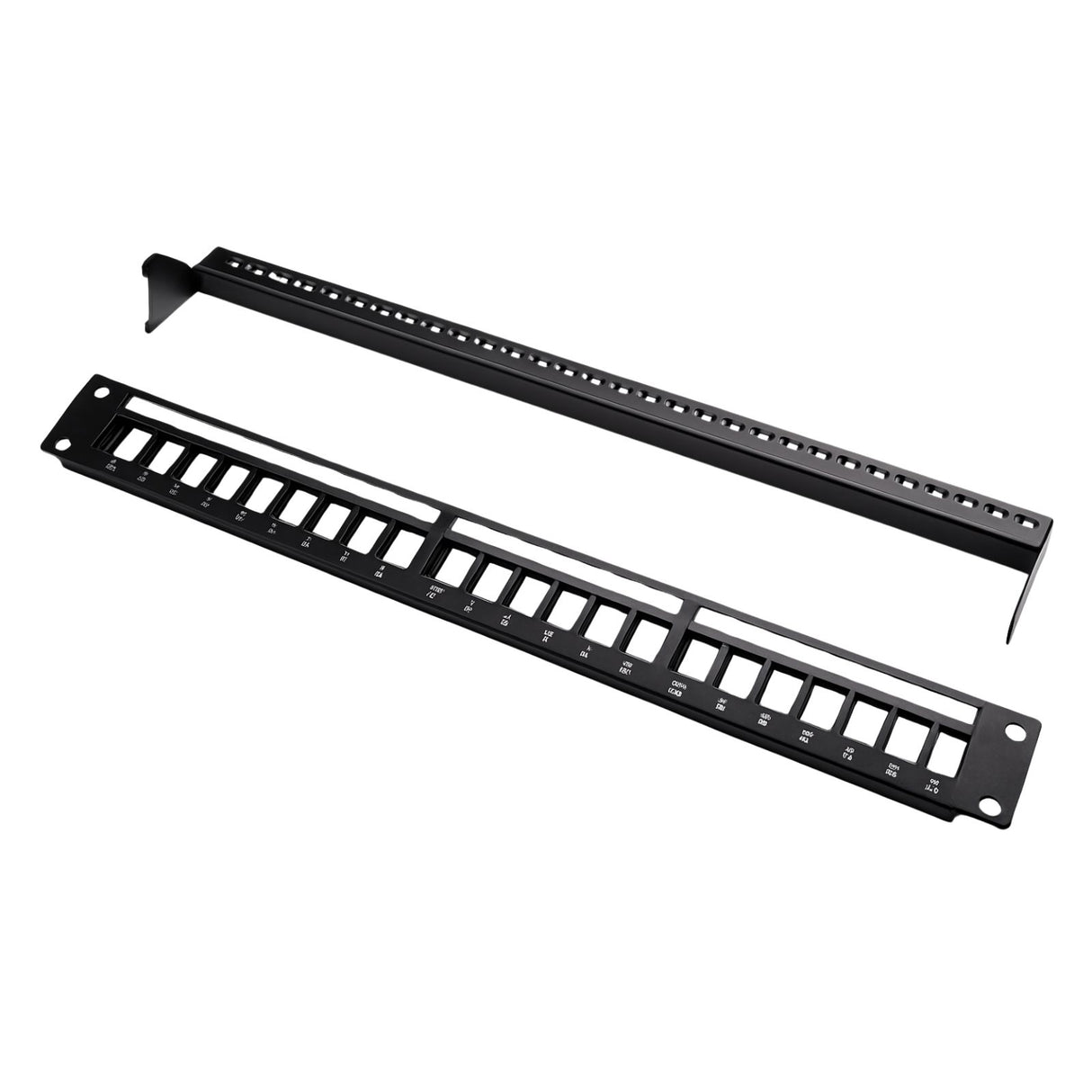 Black metal panel with multiple cutouts on a white background