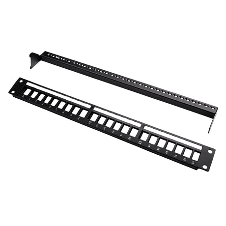 Black metal panel with multiple cutouts on a white background