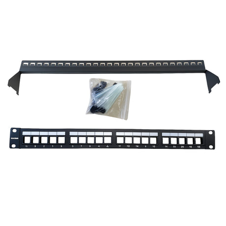 Two network patch panels with a small bag of cables on a white background