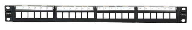 Grove 24 Port Shielded Unloaded Patch Panel Flat – 1RU rack-mount panel for Cat6/Cat6A keystone jacks with EMI/RFI protection.