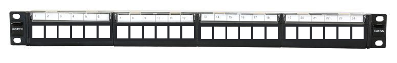 GROVE 24 Port Shielded Flat Patch Panel for CS-GN0003 Cat6A keystone modules, ideal for organized high-speed network connections.
