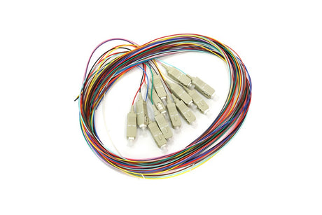 Pack of 12 SC multimode OM1 fibre optic pigtails, 2 m length each, colour‑coded, ideal for data centre and telecommunications splicing.
