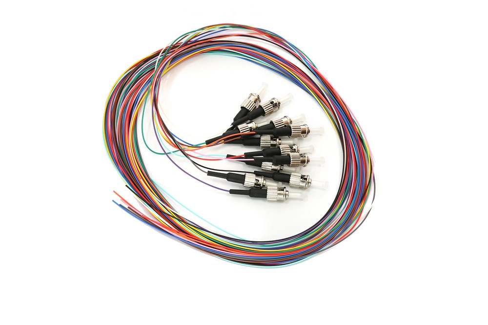 Pack of 12 ST‑connector OM1 multimode fibre pigtails, each 2 m long, colour‑coded for network splicing and data‑centre applications.
