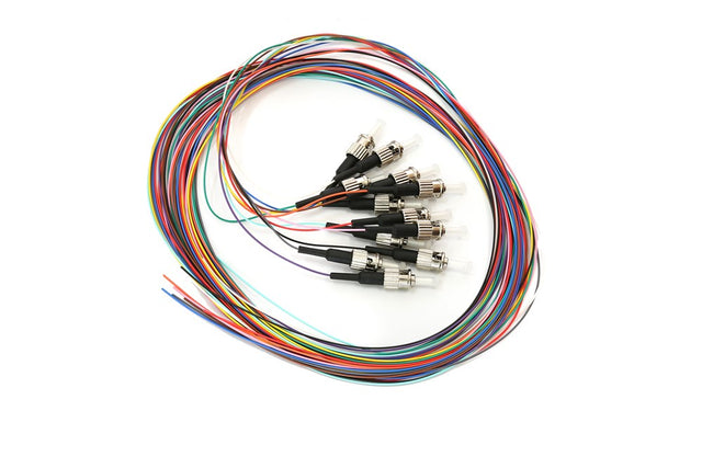 Pack of 12 ST‑connector OM1 multimode fibre pigtails, each 2 m long, colour‑coded for network splicing and data‑centre applications.
