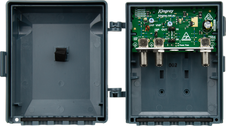 35dB UHF/VHF masthead amplifier installed near antenna to boost digital TV signal strength and improve reception quality