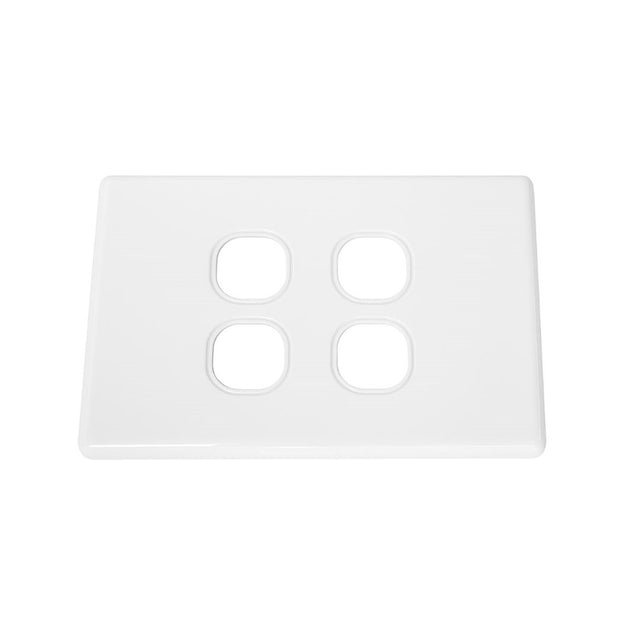 4 gang white faceplate for neat installation of electrical or data outlets in wall applications