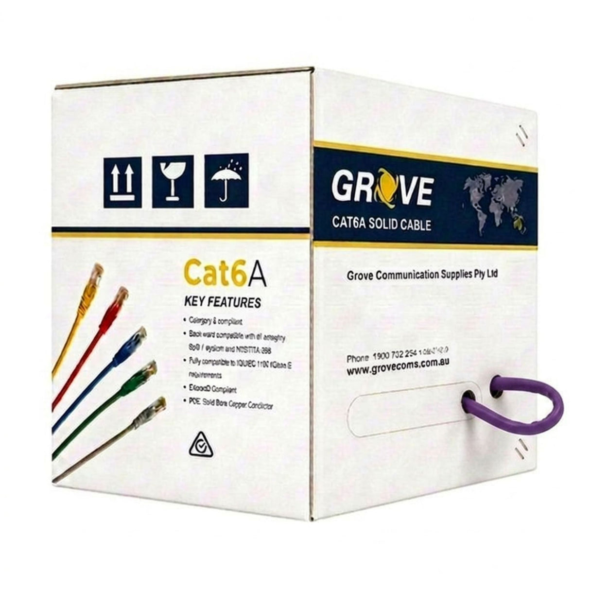 A box of GROVE branded Cat6A network cables in gray and purple colors, with labels indicating the cable type and features.
