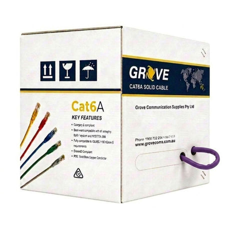 A box of GROVE branded Cat6A network cables in gray and purple colors, with labels indicating the cable type and features.