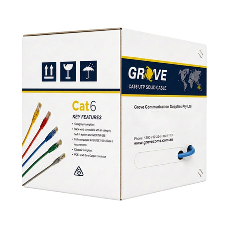 Grove 4 Pair UTP Cat6 305Mtr Blue Cable Box for 1Gbps networks, ideal for LAN, VoIP, CCTV, and enterprise structured cabling