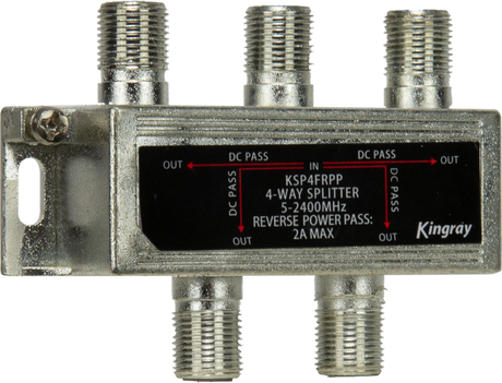 Kingray 4‑Way Splitter 5–2400 MHz Reverse Power Pass 30 V DC 2 A with four F‑type outputs for RF signal distribution.