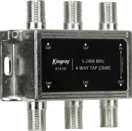 Kingray 4-Way Tap 20 dB (5-2400 MHz) with corrosion-resistant housing and high shielding for controlled signal distribution across four outputs