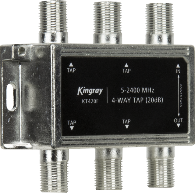 Kingray 4-Way Tap 20 dB (5-2400 MHz) with corrosion-resistant housing and high shielding for controlled signal distribution across four outputs