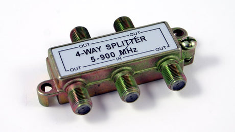 4 way TV splitter with power pass on one leg for antenna signal distribution to multiple outlets using F type coax connections.