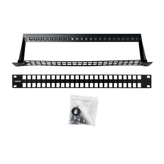 Black metal roof rack system with mounting hardware on a white background