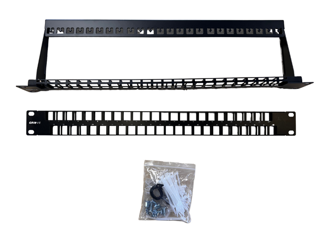 Grove 48-Port Unloaded Patch Panel with integrated cable manager for Cat5e, Cat6, and Cat6A structured cabling in enterprise and data centre racks