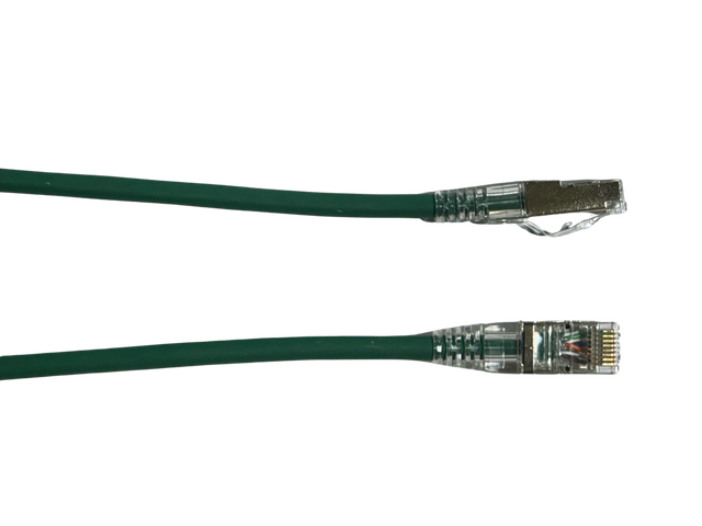 Grove 5.0M Cat6A Thin S/FTP Patch Lead 28AWG in green, designed for high-speed data transmission up to 10 Gbps with a flexible, shielded construction.