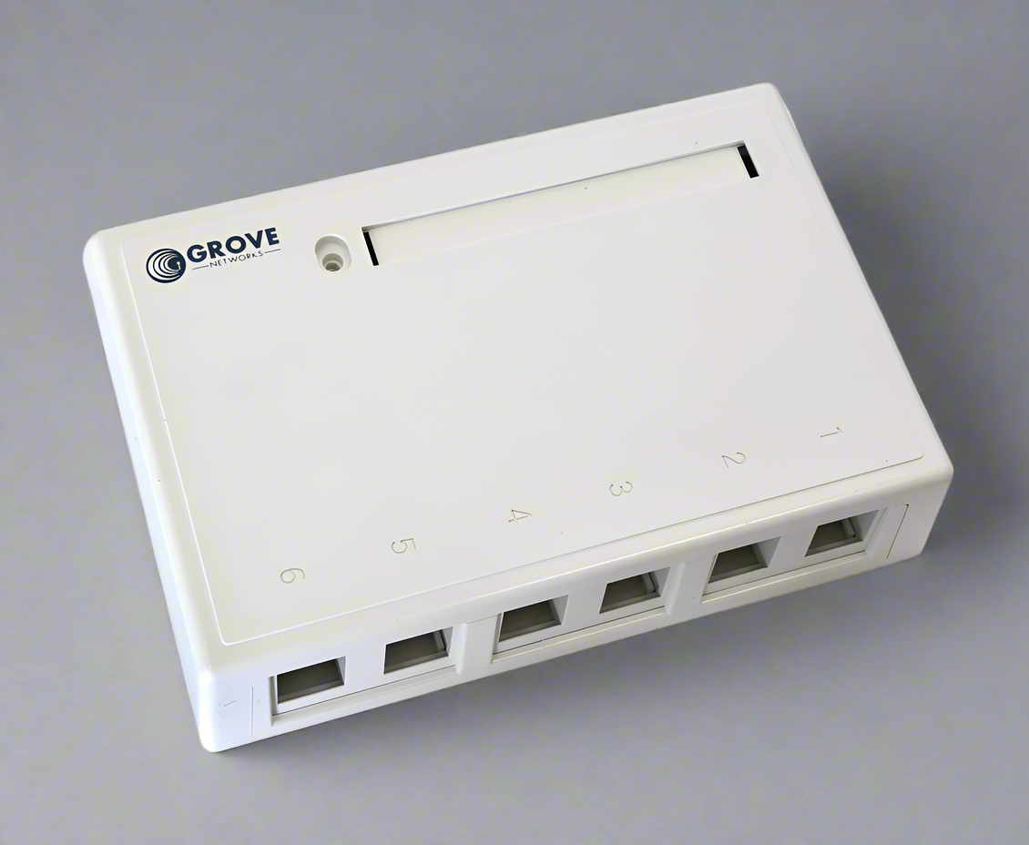 Grove 6-Port Unloaded Surface Mount Box for neat installation of Ethernet or voice keystone jacks in compact spaces.