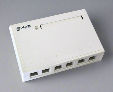 Grove 6-Port Unloaded Surface Mount Box for neat installation of Ethernet or voice keystone jacks in compact spaces.