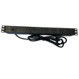 A 6-way 1RU horizontal power distribution unit with a black color scheme, featuring multiple power outlets and a central cable management section.
