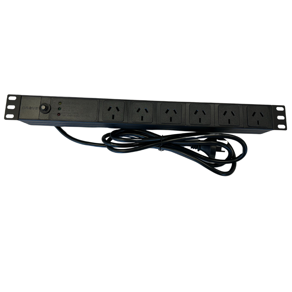 A 6-way 1RU horizontal power distribution unit with a black color scheme, featuring multiple power outlets and a central cable management section.