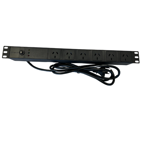 A 6-way 1RU horizontal power distribution unit with a black color scheme, featuring multiple power outlets and a central cable management section.