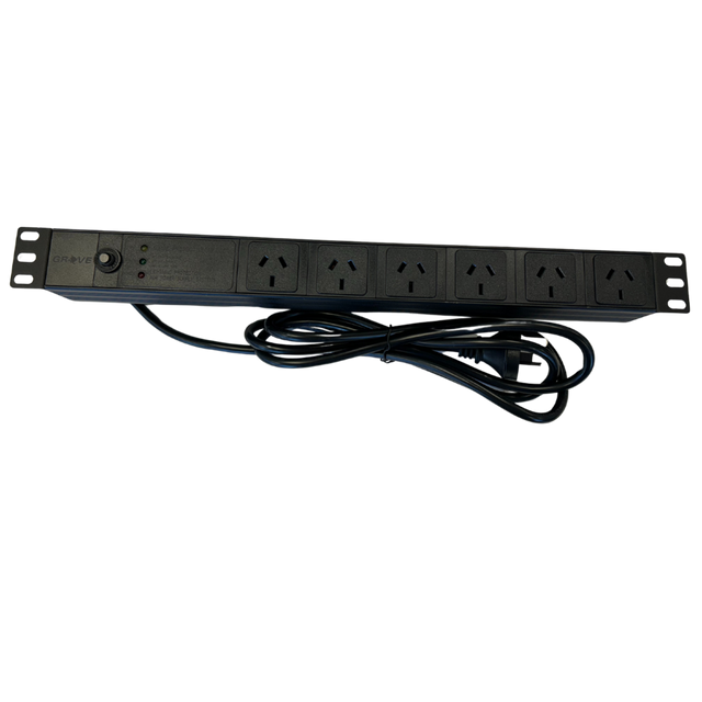 A 6-way 1RU horizontal power distribution unit with a black color scheme, featuring multiple power outlets and a central cable management section.
