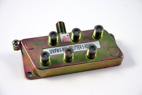 6 way TV splitter with power pass on one leg for reliable signal distribution to multiple televisions or devices