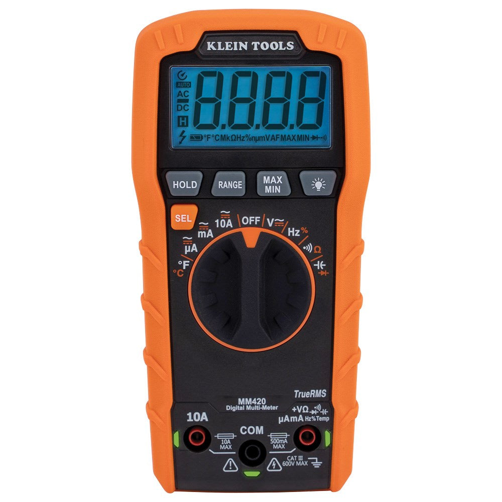 600V 10A AC/DC Auto Ranging TRMS Digital Multimeter with temperature function, backlit LCD, and overload protection for electricians