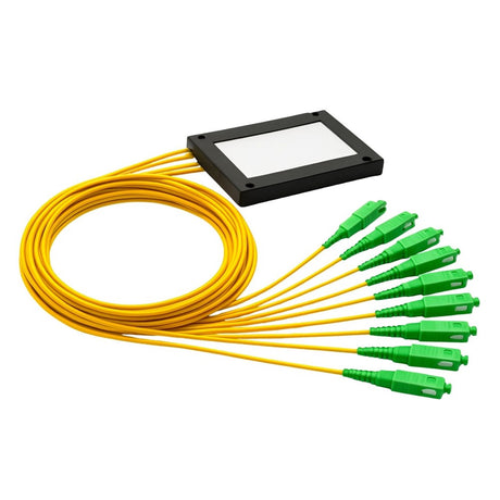 Fiber optic cable with yellow jacket and green connectors on a white background