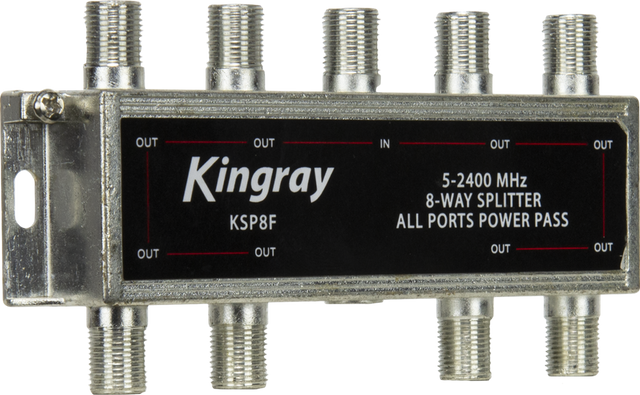 Kingray 8‑Way Splitter All Ports Power Pass Foxtel Approved with eight F‑type outputs for coaxial signal distribution.