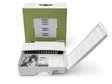 A white PoE switch with its protective lid open, showing the ports and accessories inside, positioned in front of its green and white retail packaging box on a white background.