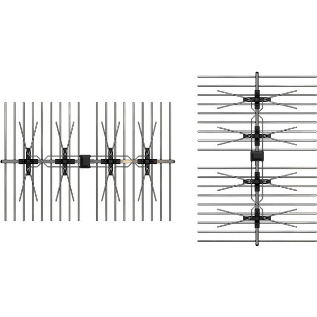UHF phased array antenna mounted outdoors showing multiple elements for high gain digital TV signal reception
