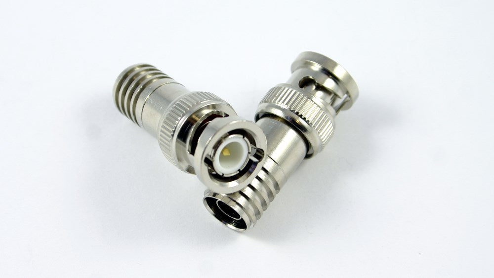 BNC male crimp connector for RG6 coaxial cable used in CCTV, video, RF and broadcast installations.