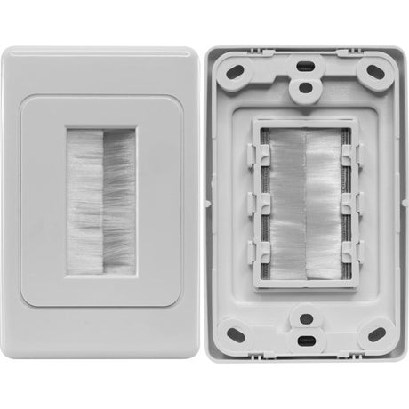 White brush plate for neat cable entry and management through walls, ideal for AV and data installations.