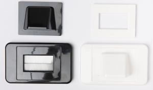 Black bullnose wall plate with curved cable entry opening, ideal for tidy AV and data cable management installations