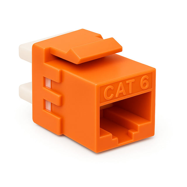 Orange Cat6 keystone panel jacks, bag of 12, for metric Ethernet wall plates and patch panels, high‑speed networking