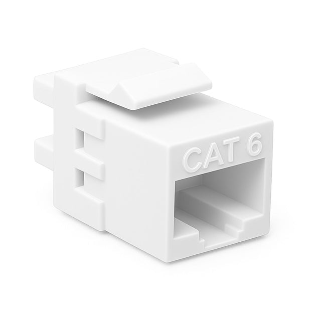 Single white Cat6 keystone panel jack, for metric Ethernet wall plates and patch panels, high‑speed networking
