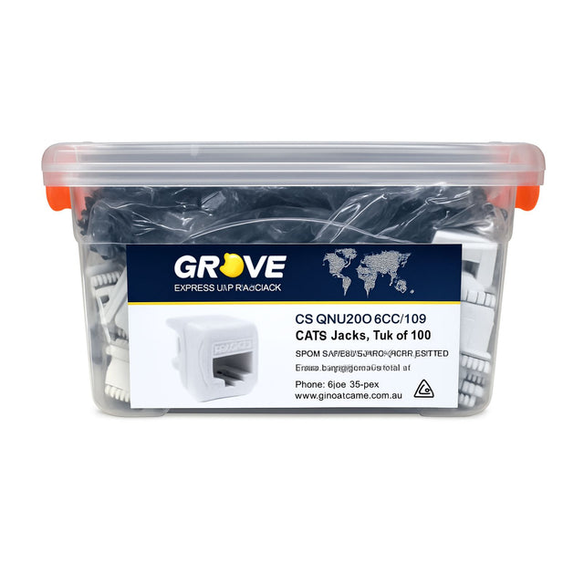 Container of Grove CAT5e jacks with a clear lid on a white background