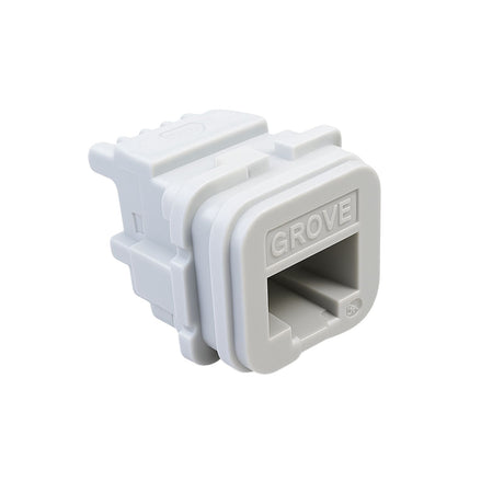 White Cat6A modular jack compatible with Iconic-style faceplates, supplied in a bag of 10 for 10G Ethernet installations