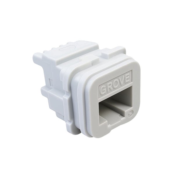 White Cat6A modular jack compatible with Iconic-style faceplates, supplied in a bag of 10 for 10G Ethernet installations