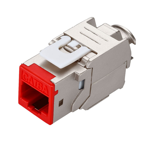 Red Cat6A Shielded Keystone Panel Jack, bag of 12, providing reliable 10G Ethernet for structured patch panel installations