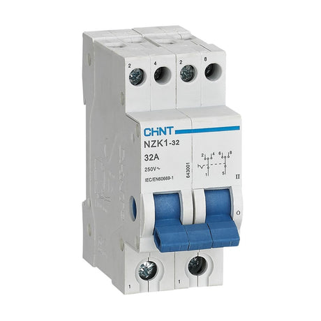 2 Pole 32A 240V AC Changeover Switch for safe manual power source transfer in generator backup and single-phase systems.