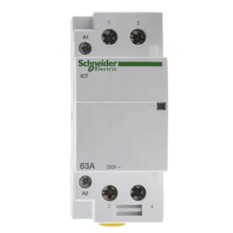 DIN rail contactor 63A with 240V AC/DC coil and 2 normally open contacts for motor, lighting, or automation control in commercial systems.