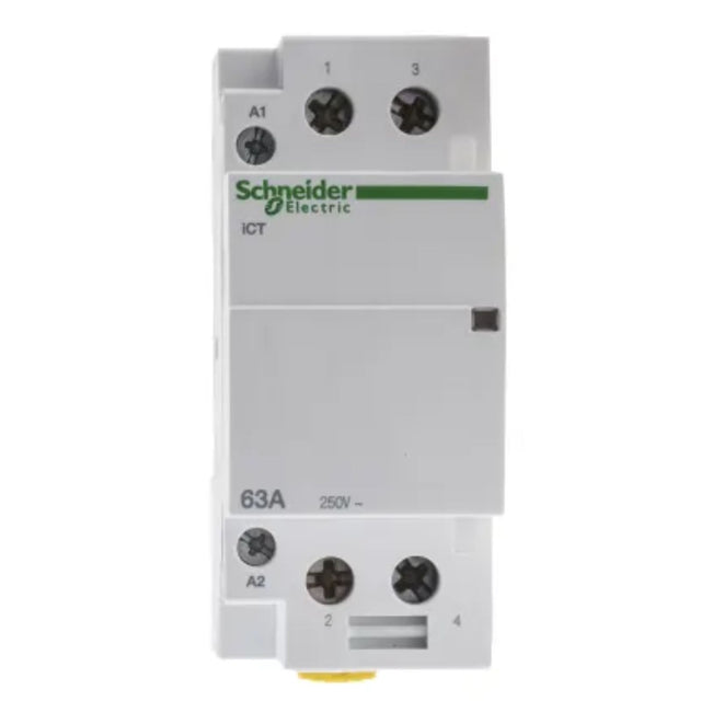 DIN rail contactor 63A with 240V AC/DC coil and 2 normally open contacts for motor, lighting, or automation control in commercial systems.