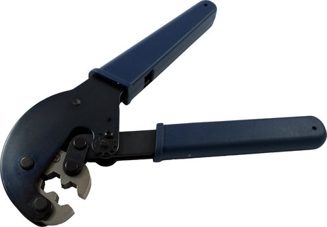 HT106F hand crimp tool for RG-59 and RG-11 F-type connectors with ergonomic grips and hardened steel dies